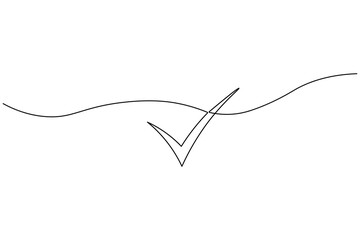 A minimalist continuous one line drawing of a check mark symbol representing success, approval, and completion. Clean black line art on a white background. © AbdulMannan