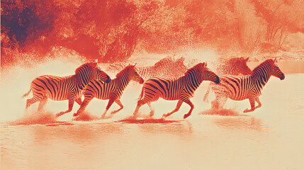 Fototapeta premium Dynamic Herd of Zebras Galloping Through Water