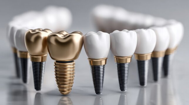 Dental implants arranged in a row showcasing different designs and materials used in dentistry