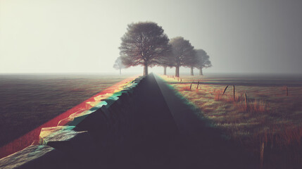 Naklejka premium Misty Path Lined with Bare Trees and Stone Wall