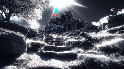 Naklejka premium Dramatic Monochrome Rocky Landscape with Sun Flare and Glowing Grass