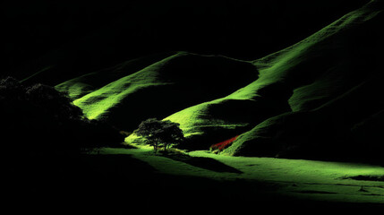 Obraz premium Dramatic Sunlight on Rolling Green Hills with Lone Tree