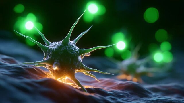 Close-Up View of Microscopic Cells Illuminated by Bioluminescent Particles, Highlighting the Complexity of Cellular Structures and Their Interactions in a Vibrant Environment