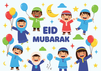 Fototapeta premium Happy Muslim Kids Celebrate Eid Mubarak with Balloons & Stars. Diverse Children in Traditional Clothes Vector