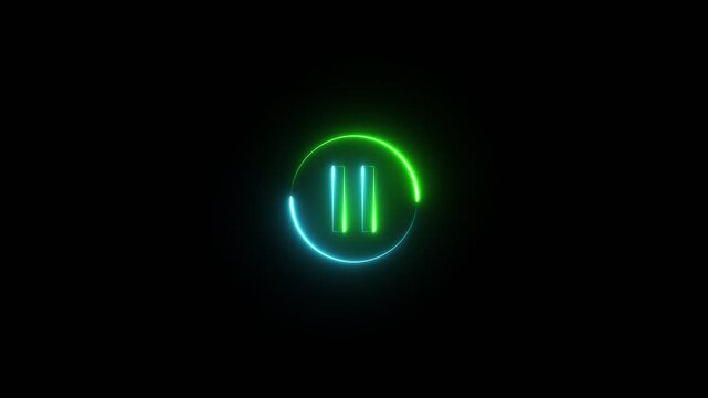 Pause button, bright neon pause button sign icon animation on black background, player pause circle, stop, music video.