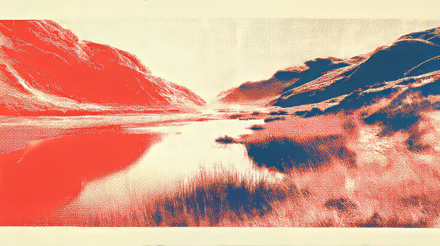 Halftone Mountain Lake Landscape in Red and Blue
