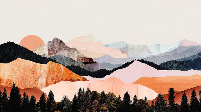 Abstract Layered Mountain Landscape with Sunset
