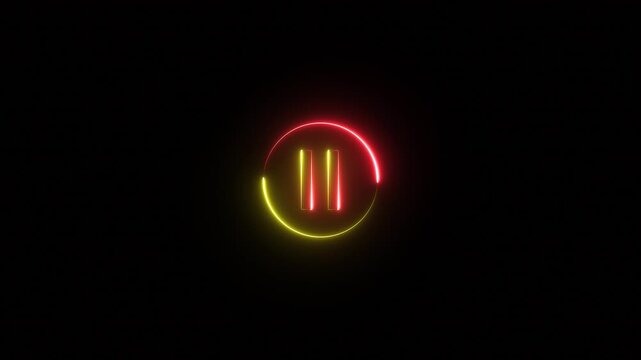 Pause button, bright neon pause button sign icon animation on black background, player pause circle, stop, music video.