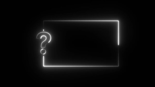 Neon quiz interface animation and decision making. Neon question mark and punctuation symbol in rectangular frame on black background. 4K video animation.