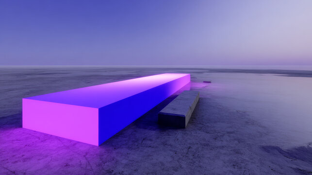 Abstract Neon Glowing Block on Desolate Landscape