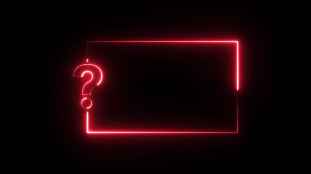 Neon quiz interface animation and decision making. Neon question mark and punctuation symbol in rectangular frame on black background. 4K video animation.