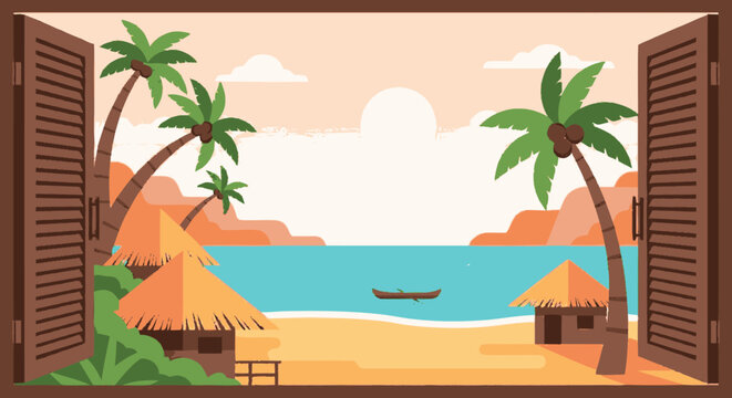 Tropical Beach Scene with Palm Trees.