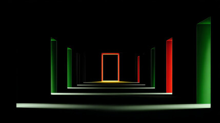 Fototapeta premium Abstract Dark Corridor with Glowing Door and Colorful Pillars