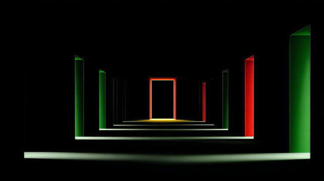 Abstract Dark Corridor with Glowing Door and Colorful Pillars