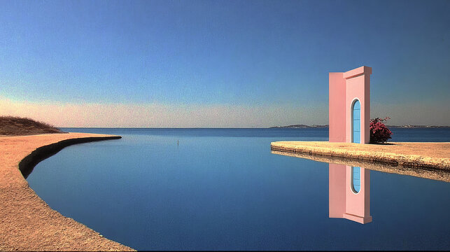 Minimalist Pink Building with Blue Arch Door by Tranquil Sea