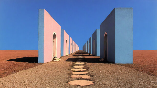 Surreal Minimalist Pastel Architecture with Arches and Vanishing Point in Desert