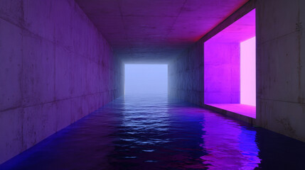Fototapeta premium Futuristic Flooded Concrete Tunnel with Neon Lights