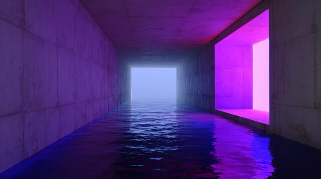 Futuristic Flooded Concrete Tunnel with Neon Lights