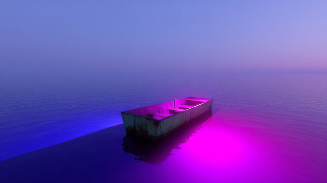 Ethereal Rusty Boat on Calm Water with Neon Blue and Magenta Lighting