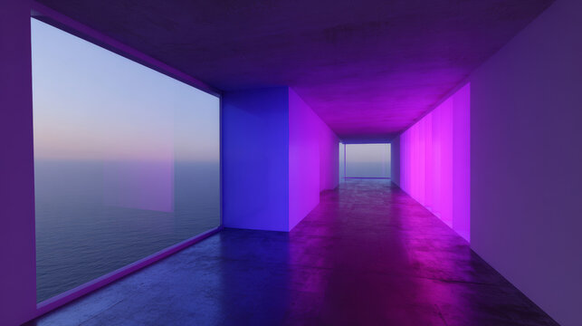 Modern Hallway with Neon Purple and Blue Lights Overlooking the Ocean