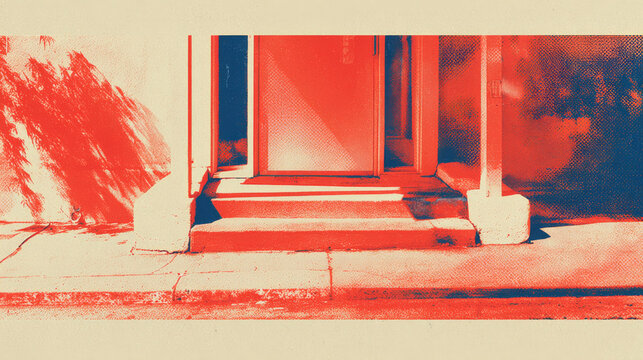 Retro Duotone Building Entrance with Halftone Texture