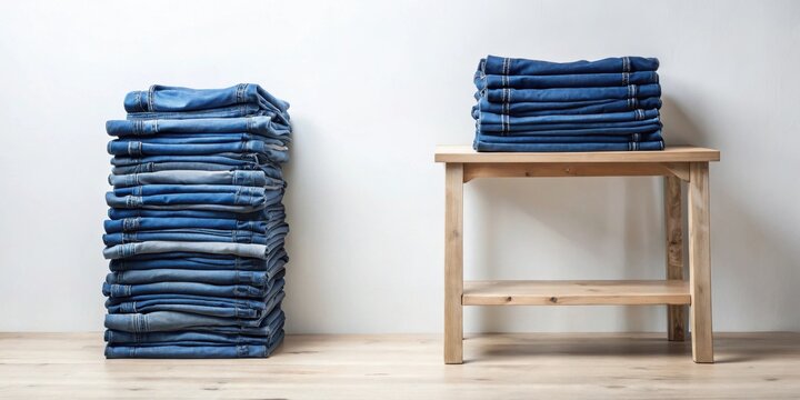 Neatly stacked denim pants on a wooden table and floor