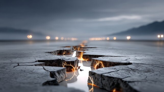 Crack in the ground with glowing elements and distant lights in a barren landscape