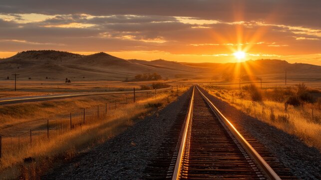 Serene Sunset Over Train Tracks in Open Landscape, Warm Light Reflecting on Rails, Calm Atmosphere and Vast Plains Under Golden Sky