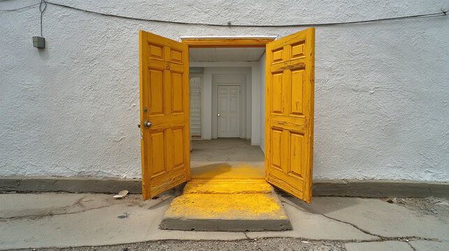 Vibrant Yellow Double Doors Open to a White Interior