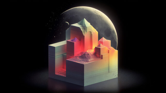 Vibrant Isometric Fantasy Cityscape with Moon and Stars