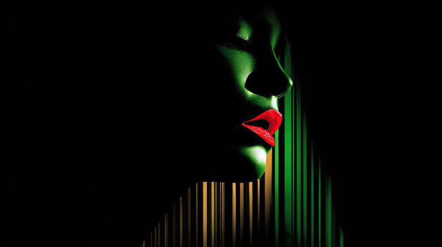 Dramatic Profile of Woman with Green Skin and Vibrant Red Lips