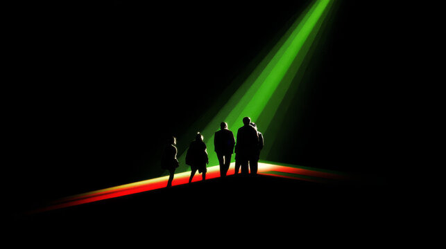 Silhouettes of people standing in dramatic green and red light beams