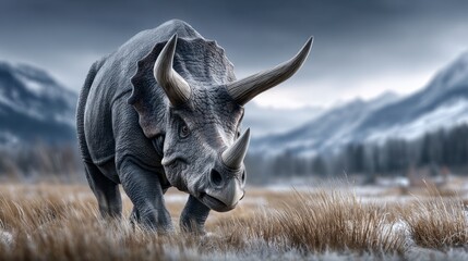 Fototapeta premium Large dinosaur walks through a grassy area with mountains in the background