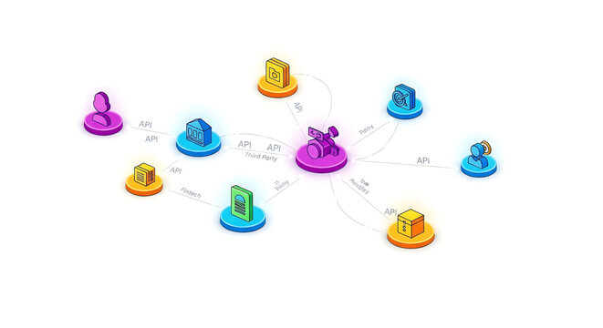 A vibrant vector graphic illustrating API connections and data exchange between various devices and systems.