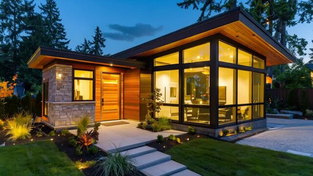 Modern home with large windows, wood accents, stone facade, and landscaped yard at dusk