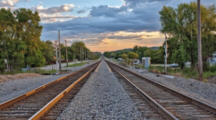 Obraz premium Scenic View of Endless Train Tracks Stretching into the Distance Under Dramatic Sky at Sunset with Lush Green Trees Along the Railway
