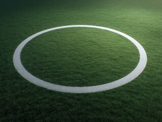 Obraz premium Round white circle mark on green grass field surface indicating sports area or boundary line for game play