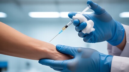Fototapeta premium Medical professional carefully administers an injection into a patient arm in a clinical setting