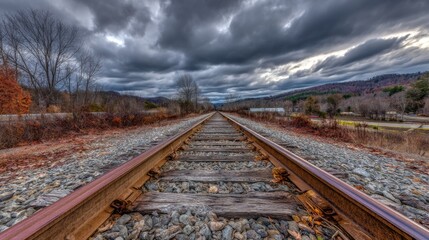 Obraz premium Perspective View of Train Track Under Dramatic Clouds in Autumn Landscape Surrounded by Nature and Trees on an Overcast Day