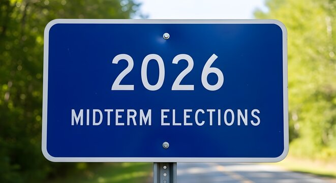 Blue road sign announces the 2026 midterm elections with blurred green trees in background.