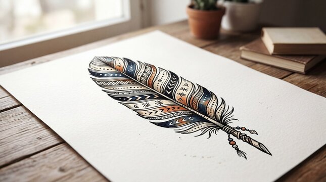 Artistic illustration of a decorative patterned feather on paper