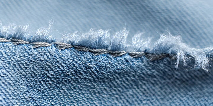 A detailed view of blue denim fabric texture. Discolored jeans seam with visible stitching. Fashion textile background isolated on white.