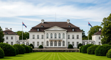 Fototapeta premium Elegant Historic Palace with Lush Green Garden - Ideal for Architecture, Tourism, and Luxury Lifestyle