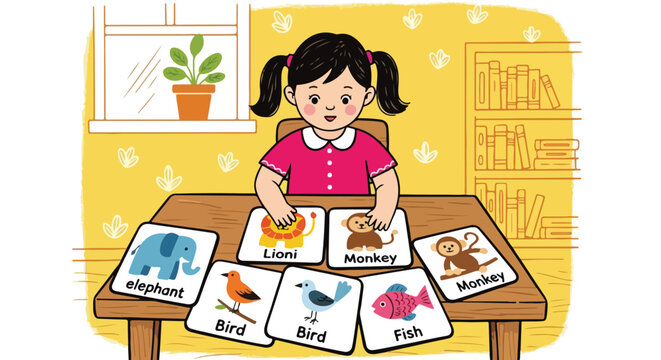 Cute cartoon illustration of a little girl learning animal names with educational flash cards at a table in a cozy room setting vector.