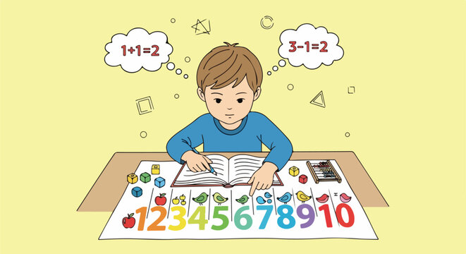 Vector illustration of a young boy learning math at a desk, solving simple addition and subtraction equations with a counting chart from 1 to 10.