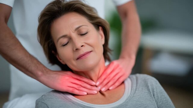 60Medical-focused scene of a chiropractic session, mature woman face down, cervical spine highlighted with a red luminous overlay, indicating targeted adjustment area, realistic anat