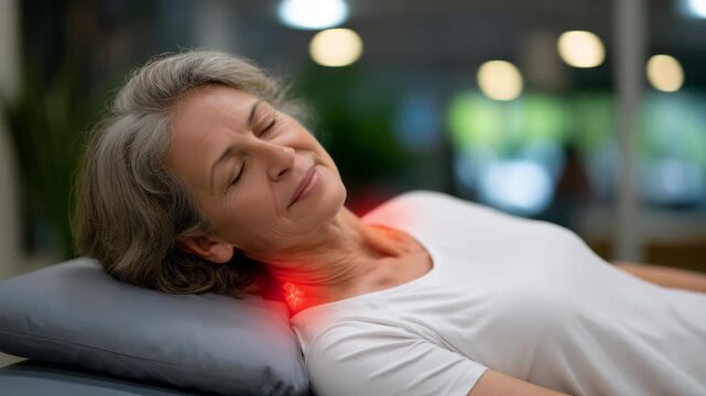 65A detailed chiropractic clinic interior with a mature woman lying prone on a padded table, red glowing cervical spine overlay illustrating pain or adjustment zone, professional med