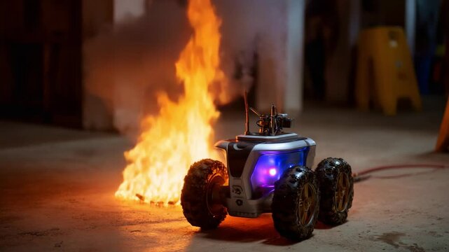 A robotic fire-fighting vehicle equipped with lights and wheels navigating through flames in a controlled environment, showcasing fire safety technology in action.
