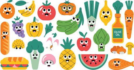 Obraz premium Big collection of cartoon food characters with cute smiling faces, colorful kawaii style mascots for kids, menu, and playful design