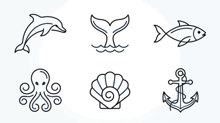 Fototapeta premium Minimalist Line Art Sea Animals and Nautical Icon Collection Featuring Aquatic Wildlife and Ocean Elements